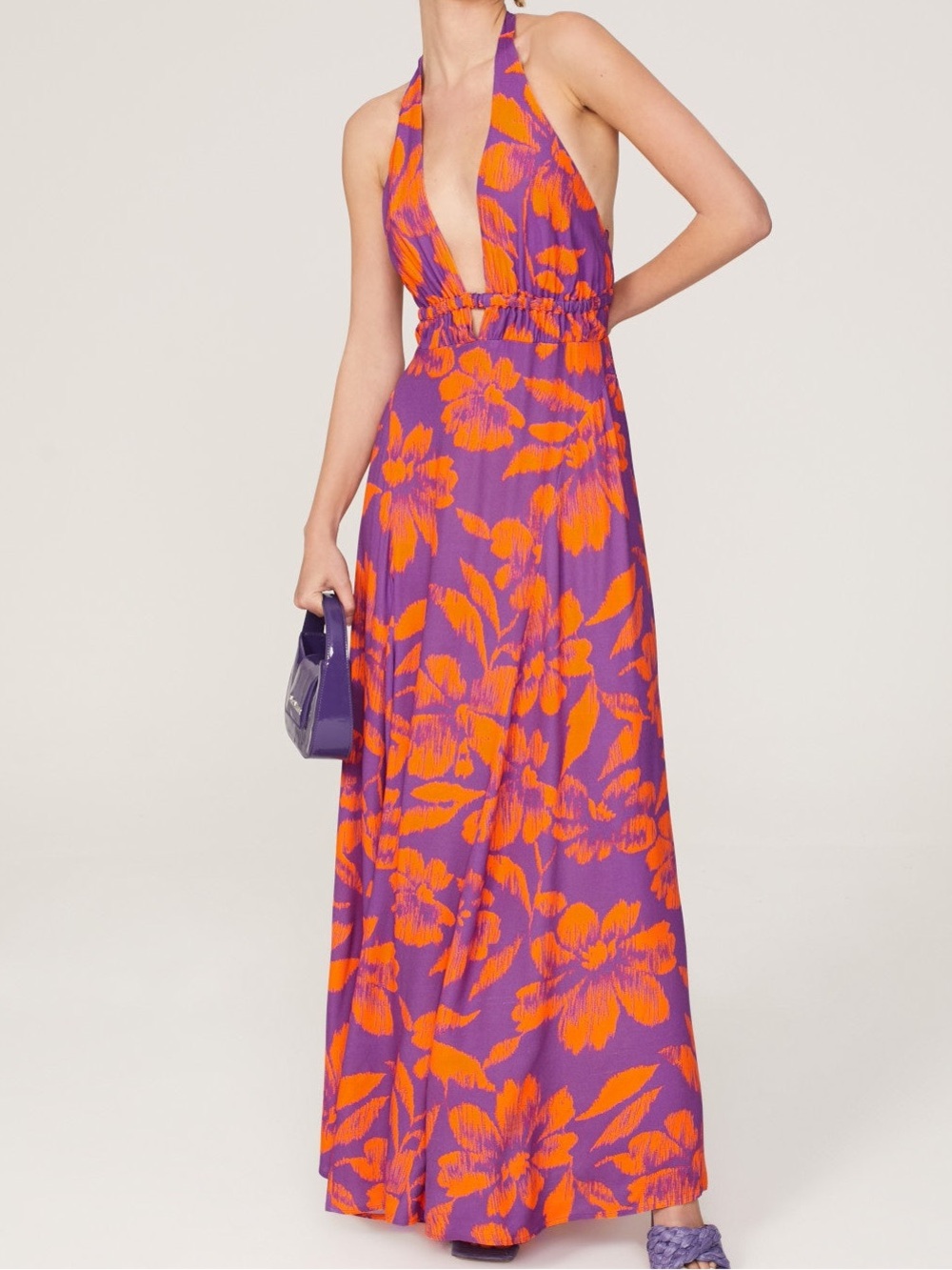 AFRM Nor Halter Maxi Purple & Orange Floral Hibiscus Dress